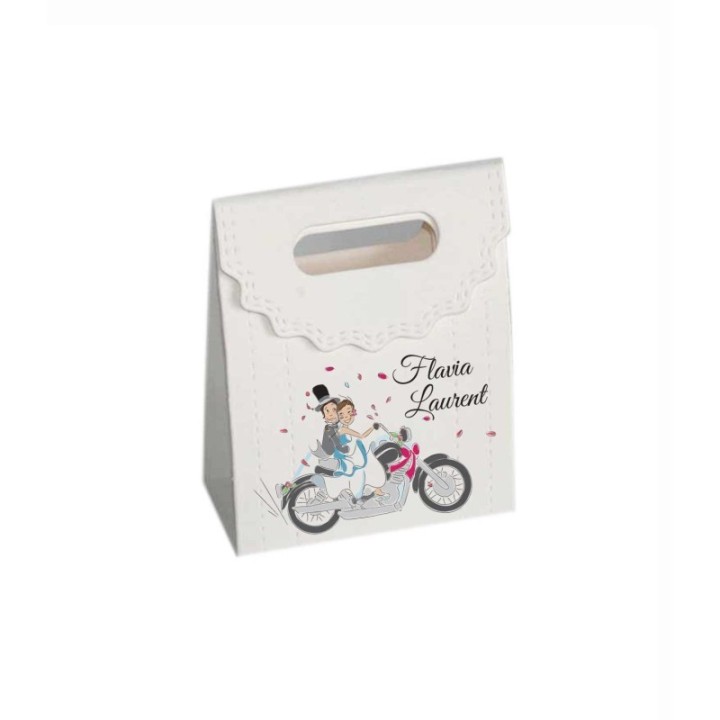 BOITE A DRAGÉE MARIAGE MOTARDS EN MOTO  RABAT SURPIQUE personnalisée