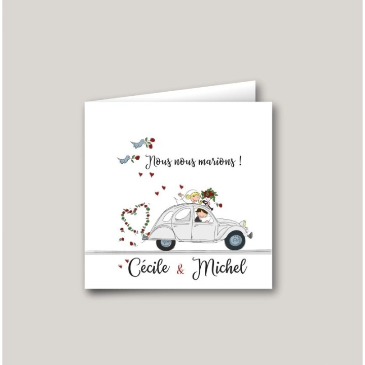 Faire part mariage 2CV vintage grise, voiture mythique Citroën des années 60
