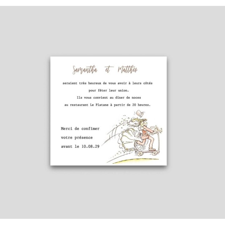 CARTE  COCKTAIL REPAS MARIAGE MARIES EN TROTINETTE POUR DE BELLES AVENTURES LA VIE A DEUX