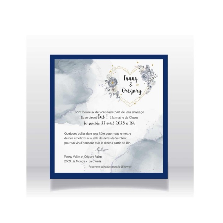 Faire part mariage  mariage composition de fleurs bleutées cœur en fleurs saphir