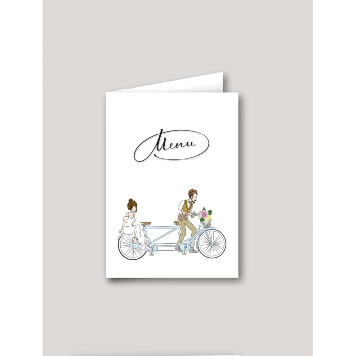 Menu MARIAGE  intemporel  TANDEN les maries EN VELO et beaux fanions  pastels