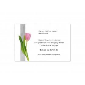 carte remerciements deces, et condoléances au bandeau gris et tulipe rose poudrée et feuillages verts jardin