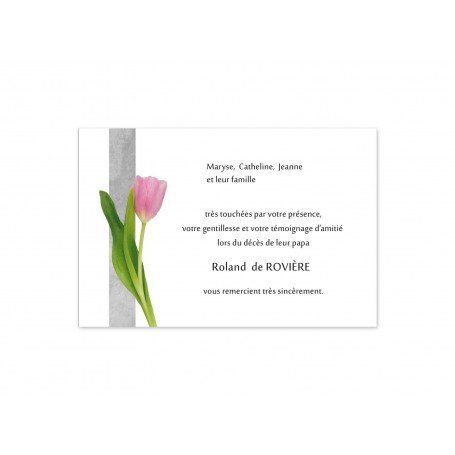 carte remerciements deces, et condoléances au bandeau gris et tulipe rose poudrée et feuillages verts jardin
