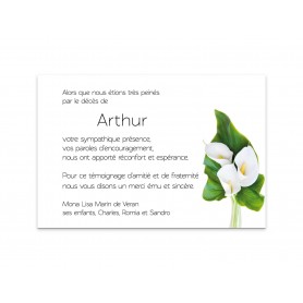 Carte décès, remerciements décès  BOUQUET de 3 arums