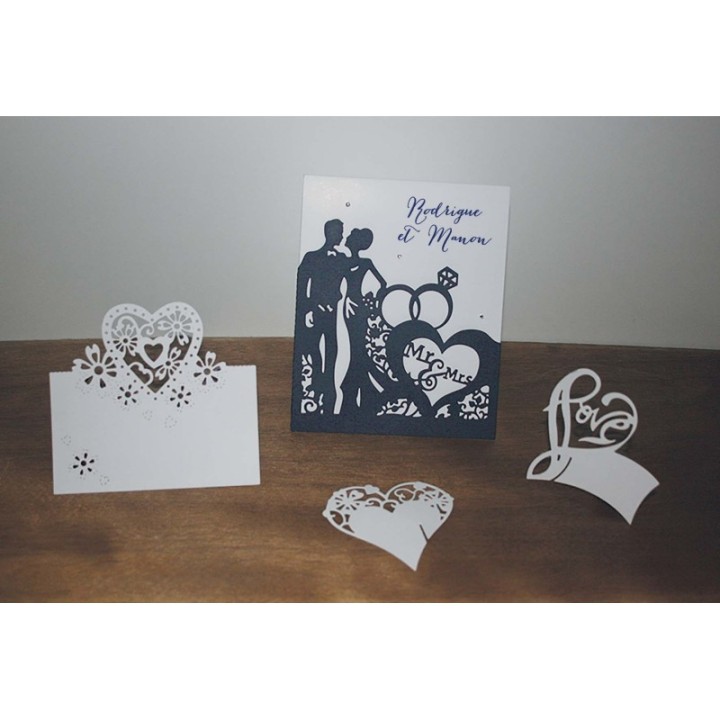 Faire-part mariage les maries en découpe 3D association du  BLEU ET BLANC