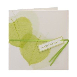 FAIRE PART MARIAGE FEUILLAGES  VERTS NATURE  
ETIQUETTES PREMON RUBAN VERT ANIS