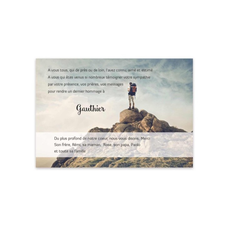 remerciements décès alpinistes Carte condoléances, haute montagne massif