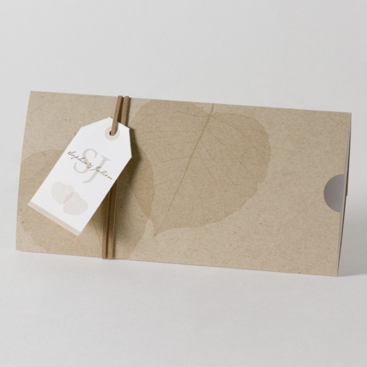 Faire-part de mariage  pochette PAPIER ECOLO recycle  kraft étiquette blanche FEULLETINE