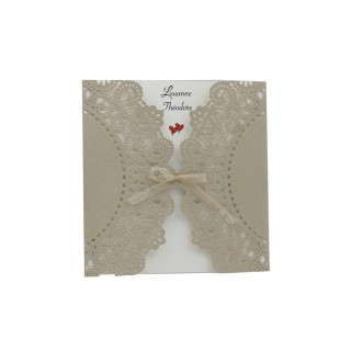 FAIRE PART MARIAGE,  TRIPTIQUE RABAT DENTELLE DE MONTMIRAIL  PAPIER BRUN ECOLE CARTE naturel, ruban voile