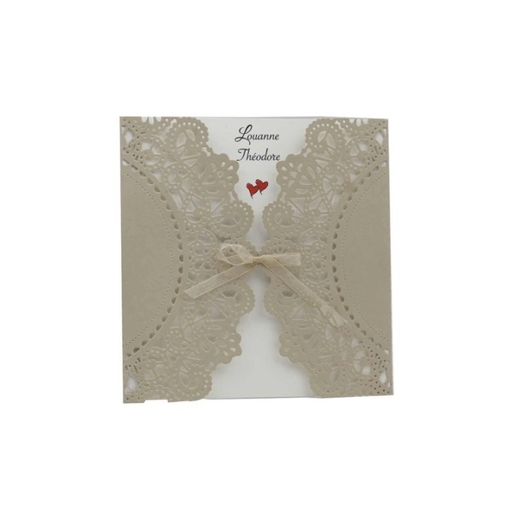FAIRE PART MARIAGE,  TRIPTIQUE RABAT DENTELLE DE MONTMIRAIL  PAPIER BRUN ECOLE CARTE naturel, ruban voile
