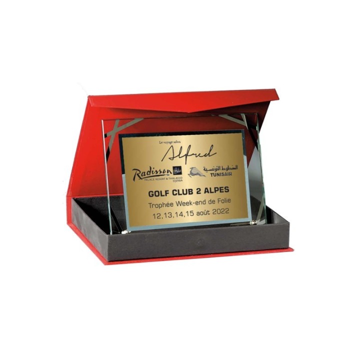 Trophée en verre luxe , plaque or socle en verre dans charnière chrome