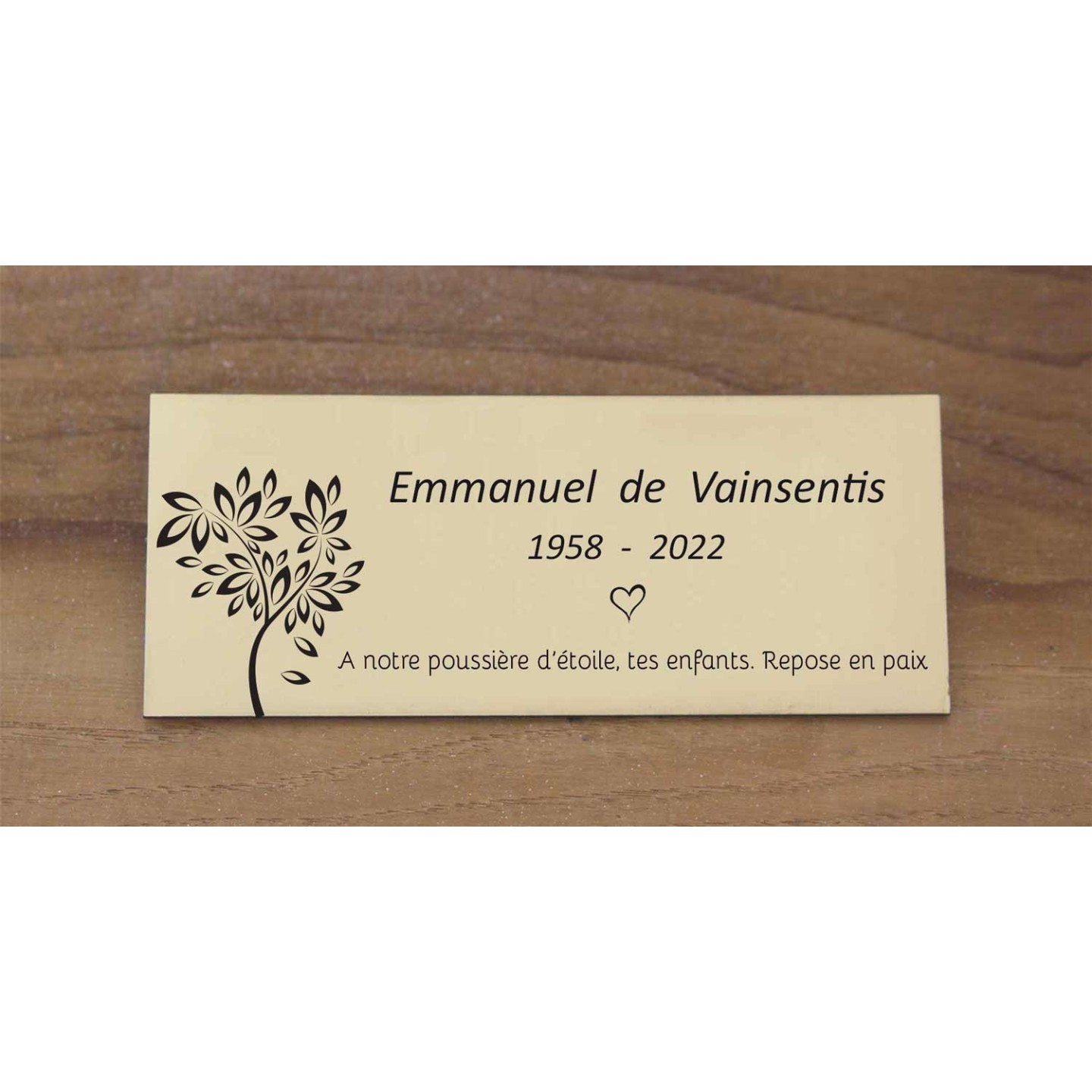 Plaque Funéraire Personnalisée Arbre Cœur – 20x6,5 Cm, Acrylique Or Brossé, Texte 1-3 Lignes, Adhésive