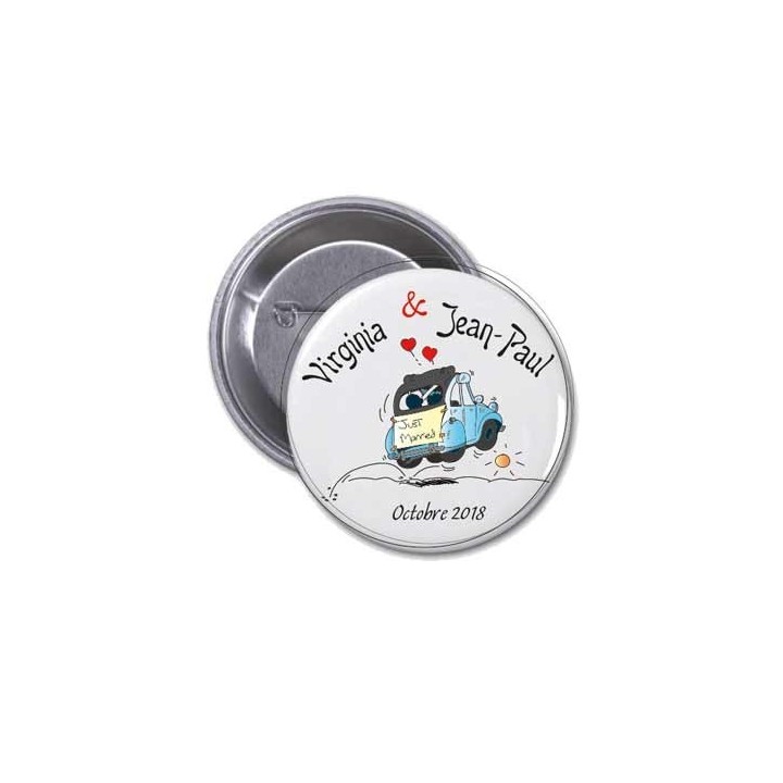 Badge ROND personnalise MARIAGE, 2 CV retro,  design voiture bleu, ou rouge, GRENOBLE