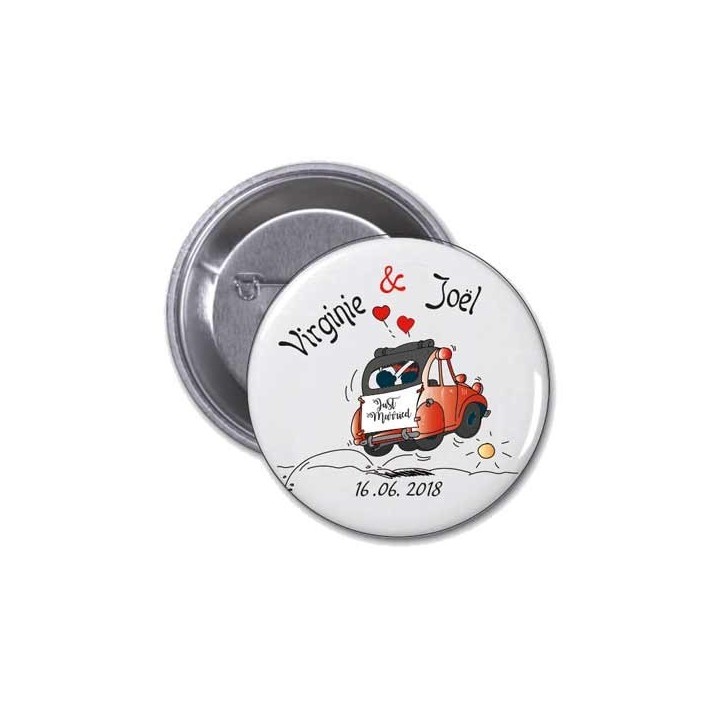 Badge ROND personnalise MARIAGE, 2 CV retro,  design voiture bleu, ou rouge, GRENOBLE