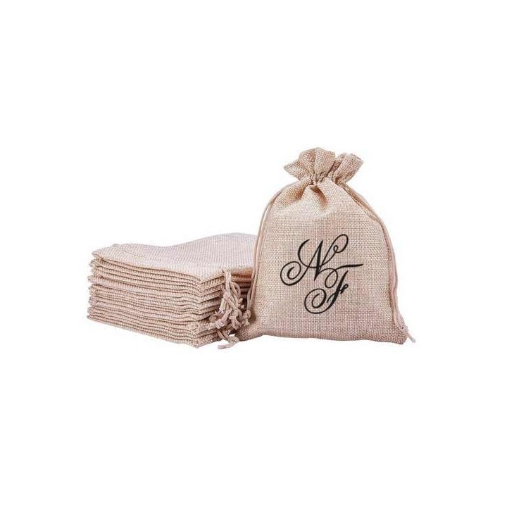 pochon en toile de jute naturelle personnalise  avec vos initiales marquage noir