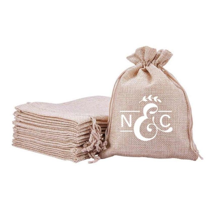 Pochon mariage en toile de lin & jute personnalisé  ESPERLUETTE marquage blanc à votre événement