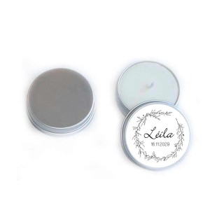 BOUGIE dans une boite métallique couronne feuillages noir et blanc  
personnalise baptême, anniversaire A GRENOBLE