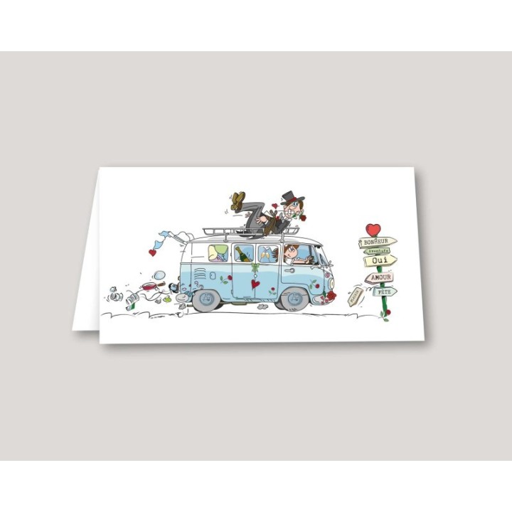 Faire part de mariage voyage en COMBI Volkswagen 12 fenêtres bleu, nostalgie