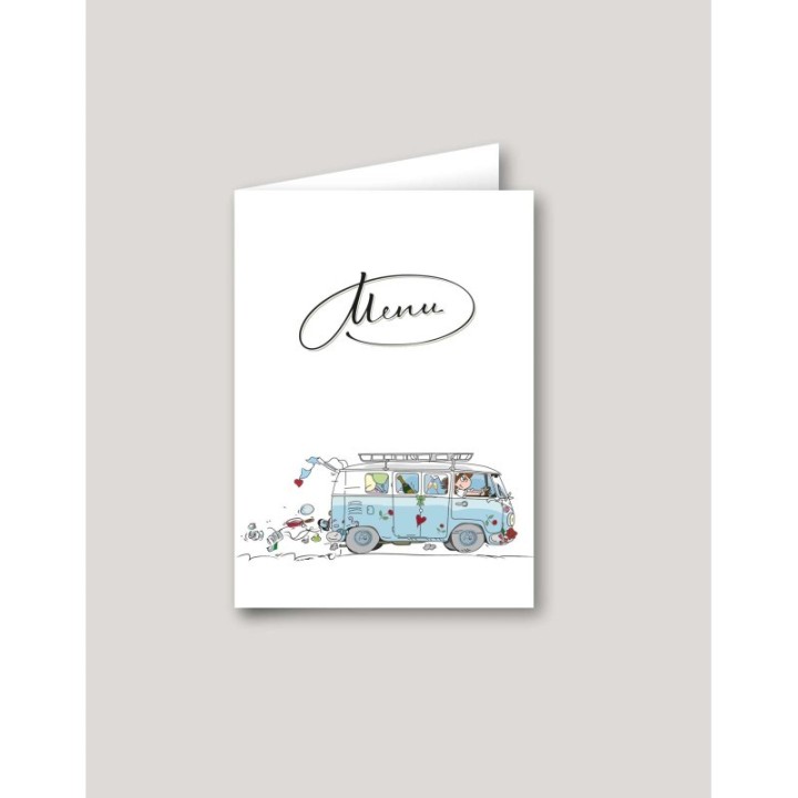 carton Menu design voyage en COMBI Volkswagen bleu  nostalgie à Grenoble