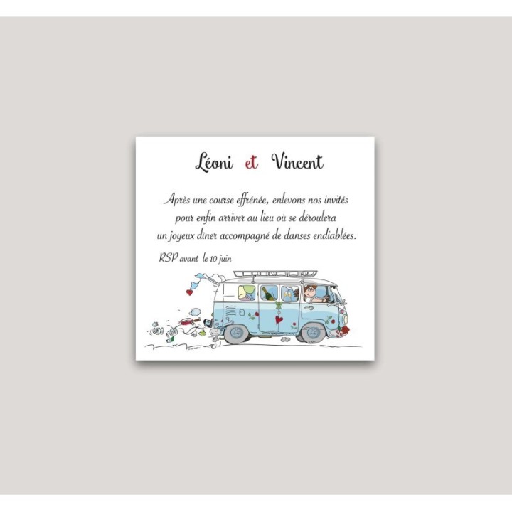 carte invitation au dîner  thème voyage en COMBI Volkswagen bleu voiture ancienne