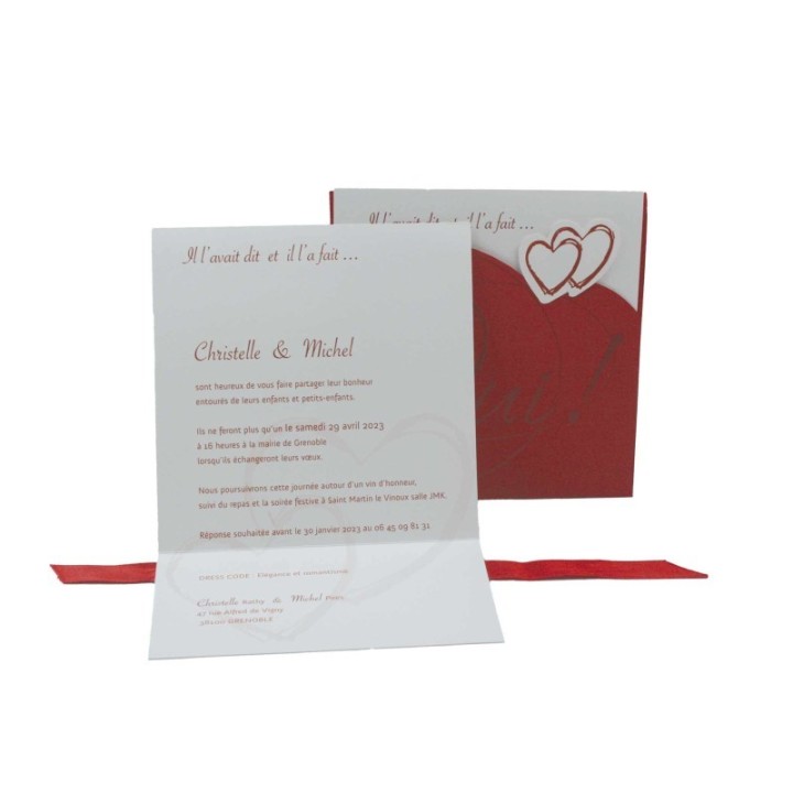 INVITATION DE mariage, POCHETTE rouge passion tagué du OUI ! 2 cœurs en 3D A GRENOBLE