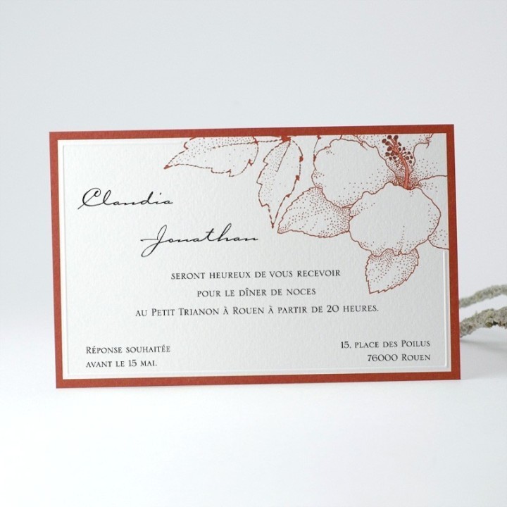 invitation mariage, POCHETTE kraft en 3 volets fleurs bordeaux, ficelle naturelle  A GRENOBLE