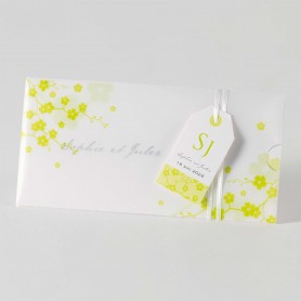 Faire-part de mariage  pochette papier calque transparent , branche  fleurs anis étiquette, ruban satin