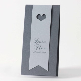 Faire part mariage LUXUEUX  papier irise gris anthracite et argent chrome, découpe d'un petit  cœur.