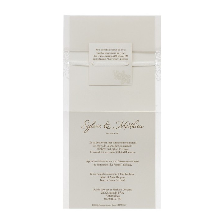 invitation mariage, création distinguée, prénoms sous le calque, sublime de dentelle blanche