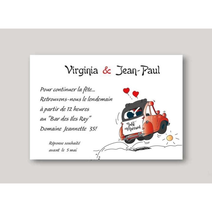 CARTE DINER 2CV RETRO ROUGE,  INVITATION MARIAGE