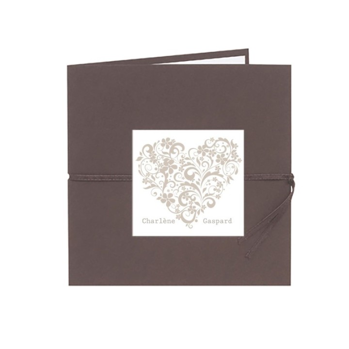 Faire-part mariage CHOCOLAT  COEUR romantique  moderne. forme d'arabesques feuilles blanc intérieur