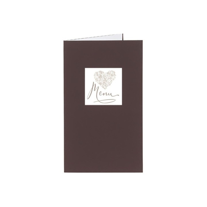 Menu mariage CHOCOLAT  COEUR romantique  moderne. forme d'arabesques feuilles blanc intérieur
