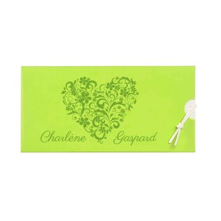 Faire part pochette mariage calque vert anis invitation coulissante joli cœur arabesque