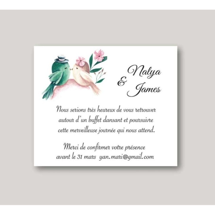 carte diner mariage 2 beaux OISEAUX amoureux,  dessin peint en aquarelle,