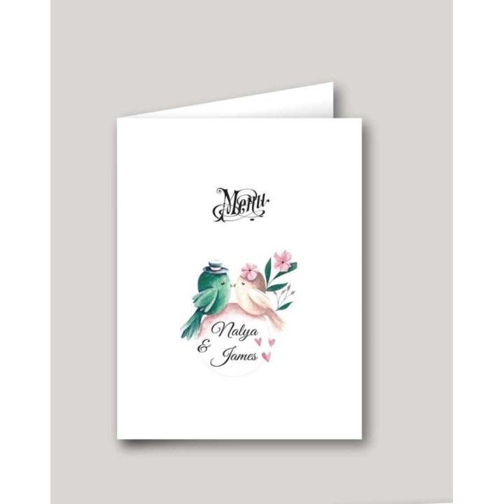 carte menu mariage 2 beaux OISEAUX amoureux,  dessin peint en aquarelle,