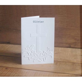 REMERCIEMENTS DECES, LUXUEUSE, Croix catholique embossée 3D  fleurs,  carte gaufrée a Grenoble