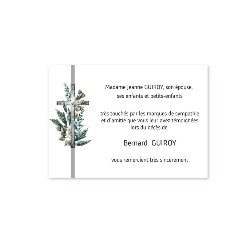 carte remerciements décès croix catholique en feuillage vert aquarelle