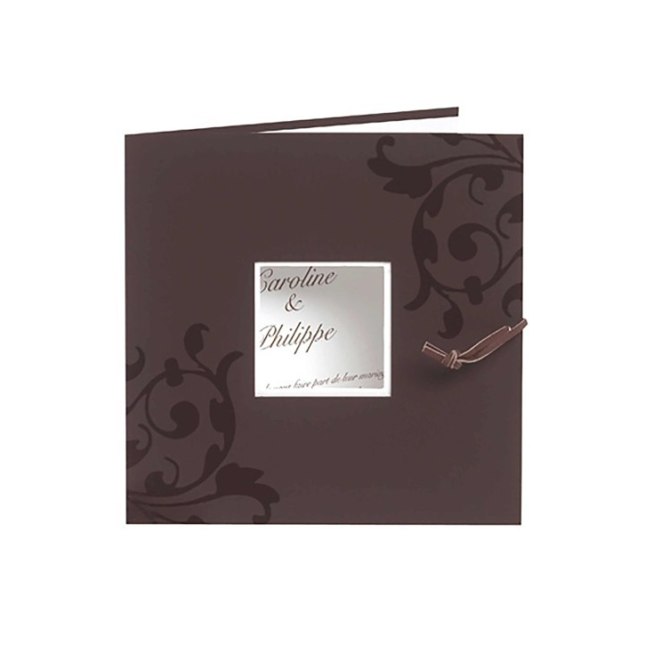 Faire-part mariage  CHOCOLATE, arabesques et blanc de blanc,  Lacet MARRON