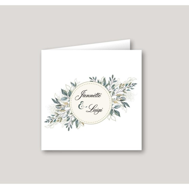 Faire part mariage FEUILLAGE NATUREL autour d'un cadre rond  ou 2 prénoms sont imprimés.