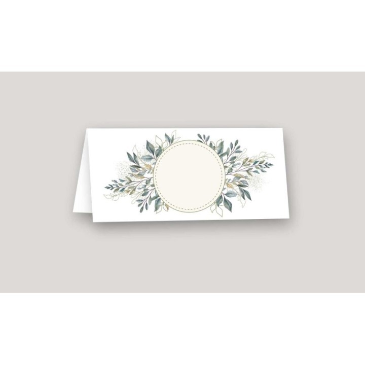 Marque-place FEUILLAGE NATUREL autour d'un cadre rond  pour inscrire les invités