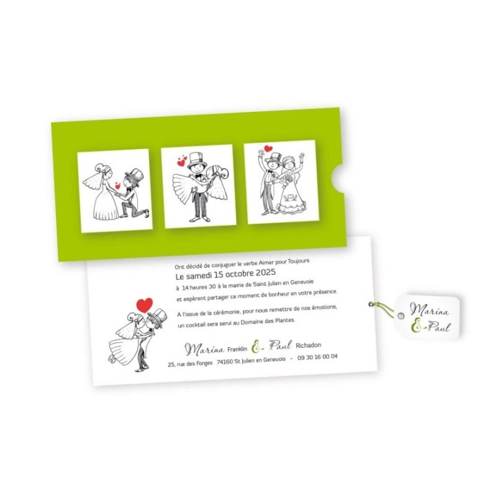 Pochette vert anis carte  mariage retrace la rencontre amoureuse et la demande.