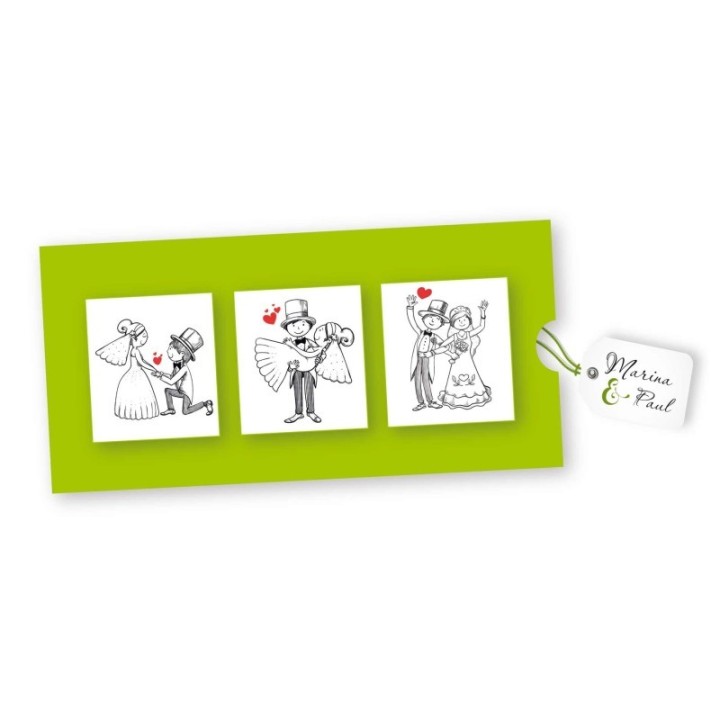 Pochette faire part mariage retrace la rencontre amoureuse et la demande.