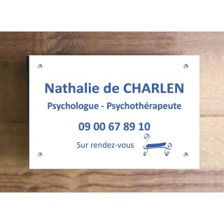 plaque plexiglas BLANC, gravure Lettres BLEU, logo canape