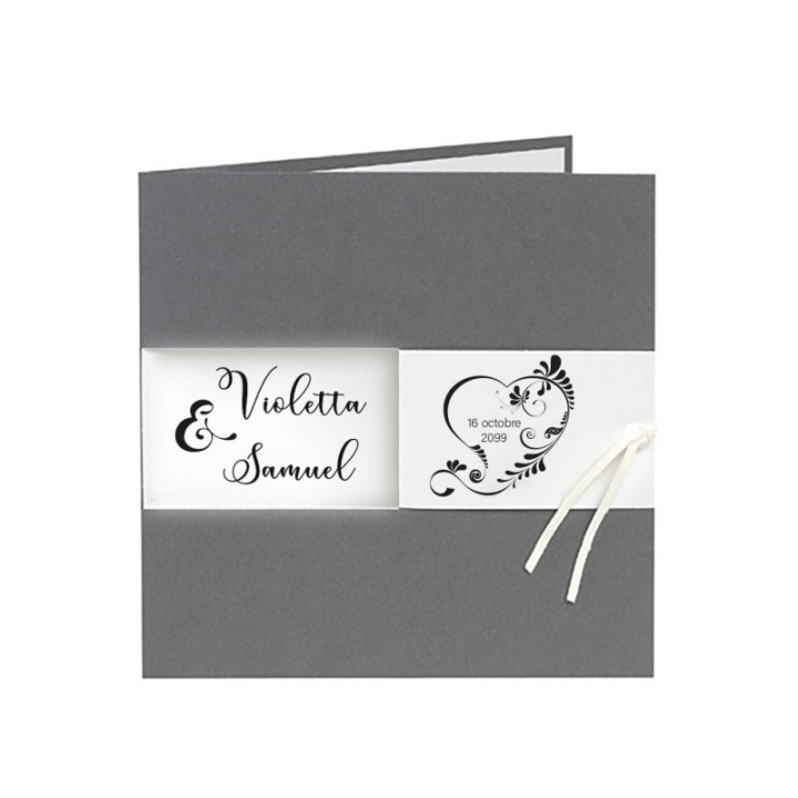 faire part mariage gris irise anthracite, feuille blanc, alliance argenté et lacet blanc