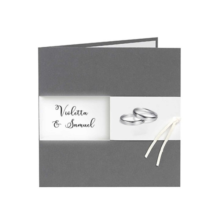 faire part mariage  gris irise anthracite, feuille blanc, alliance argenté et cœur stylisé