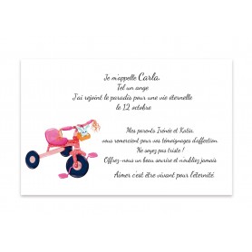 carte remerciements décès, le vélo, tricycle rose d'enfants partie  au ciel