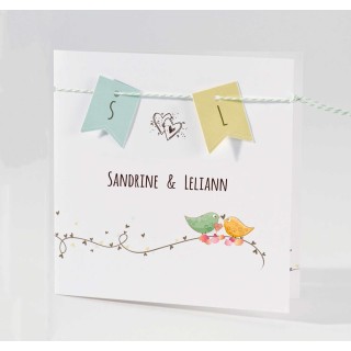 Faire part mariage FANIONS ET RUBANS tissé et petits oiseaux et cœurs