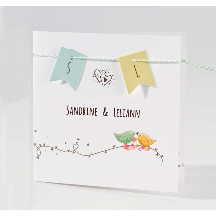 Faire part mariage FANIONS ET RUBANS tissé et petits oiseaux et cœurs