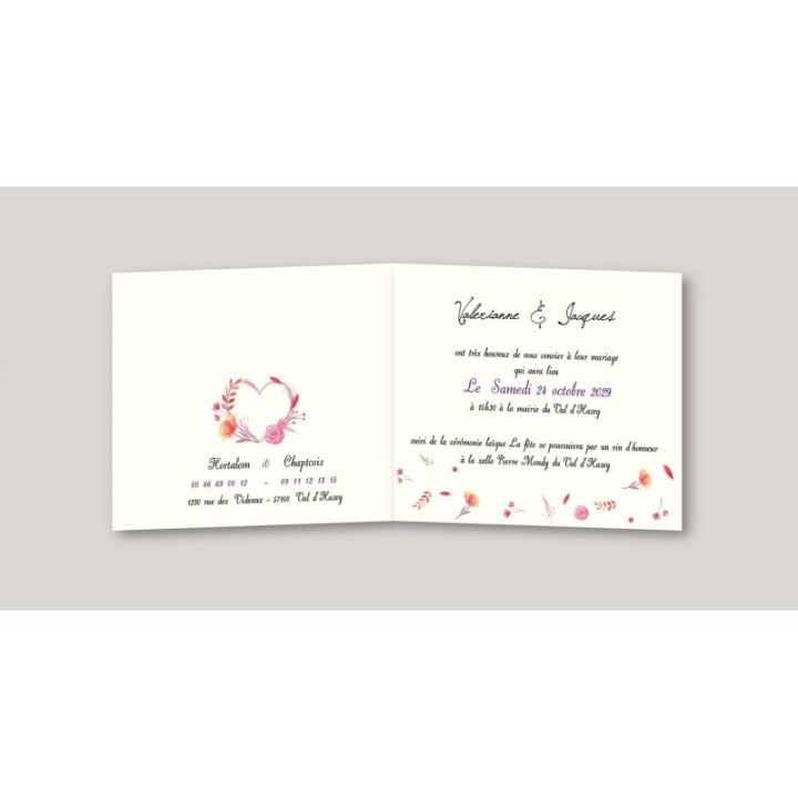 invitation mariage KASSIOPEE COEUR en fleurs aquarelle tendre de douceur en couleur pastels