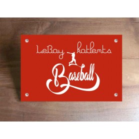 plaque plexiglas rouge, gravure Lettres blanches logo baseball